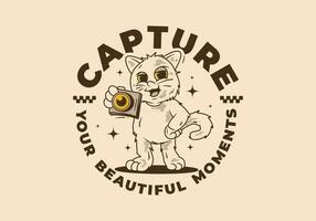 Capture your beautiful moment. The Mascot character of a standing cat holding a pocket camera vector