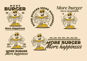 More burger more happiness. Standing burger character in happy face vector