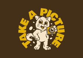 Standing cat character holding a pocket camera with rounded text vector