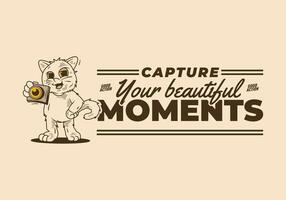 Capture your beautiful moment. Mascot character of a standing cat holding a a pocket camera vector