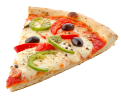 A single slice of a delicious pizza topped with cheese, tomatoes, peppers, olives, and herbs png