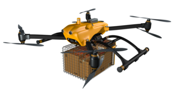 Yellow delivery drone carrying 3 parcel boxes inside its metal basket at the bottom of the drone. 3d Illustration png
