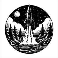 Rocket Ascending Through Colorful Clouds in a Starry Sky vector