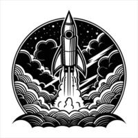 Rocket Ascending Through Colorful Clouds in a Starry Sky. vector