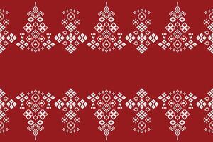 Fabric pattern with red color background cross stitch decor ethnic pattern motif. vector
