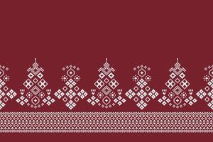 Cross stitch with red color background ethnic pattern motif fabric design. vector