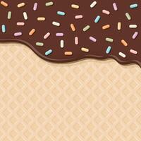 Melted milk chocolate ice cream with colorful sprinkles sugar topping pouring on ice cream cone texture square background graphic illustration. vector