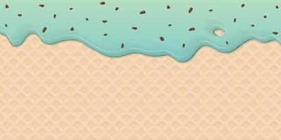 Melted mint chocolate chip ice cream drop on ice cream cone texture background graphic illustration have blank space. vector