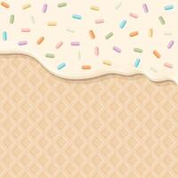 Melted vanilla ice cream with colorful sprinkles sugar topping pouring on ice cream cone texture square background graphic illustration. vector
