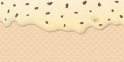 Melted chocolate chip ice cream drop on ice cream cone texture background graphic illustration have blank space. vector