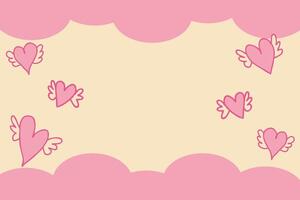 Flying hearts in cloud sky Valentine's Day background banner with empty copy space. Perfect festive design for card, invitation, label, sale. Hand drawn illustration. vector