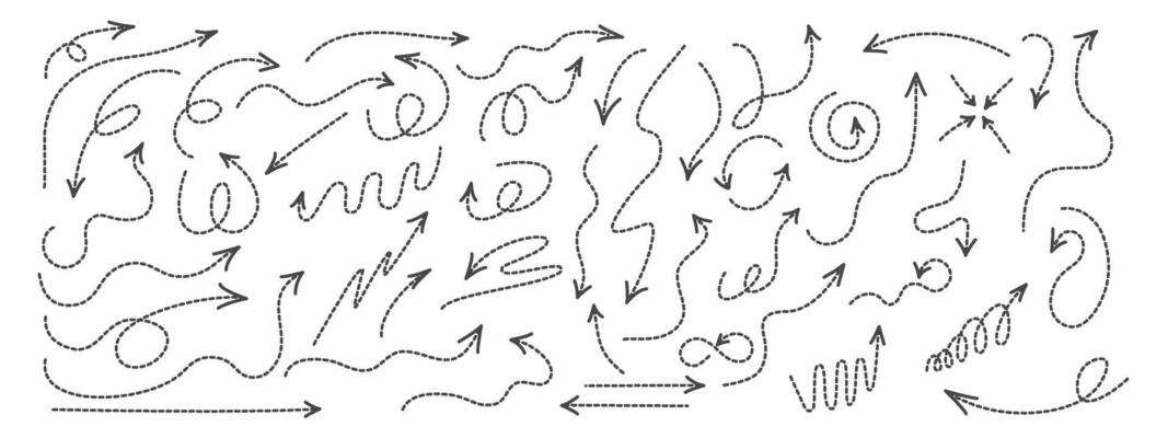 Set of curved arrows with dotted lines. A collection of zigzag arrows with dotted lines, curved pointers indicating a complex path . design