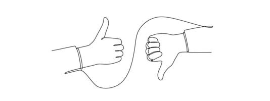 Thumb up and down in one continuous line. A symbol of good and evil. Positive and negative gesture in one-line style . editable stroke vector