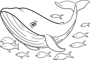 Illustration of A big blue whale with tiny fish around it, perfect for marine and aquatic themes, ideal for educational or artistic purposes. vector