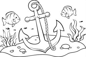 Illustration of An anchor on the ocean floor with fish around it, perfect for marine and aquatic themes, ideal for educational or artistic purposes. vector