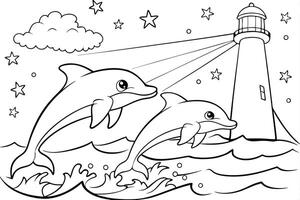 Illustration of A lighthouse shining on dolphins at night, perfect for marine and aquatic themes, ideal for educational or artistic purposes. vector