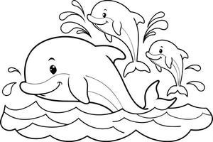 Illustration of A whale splashing water on playful dolphins, perfect for marine and aquatic themes, ideal for educational or artistic purposes. vector