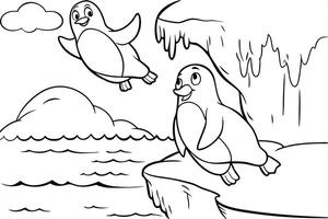 Illustration of Penguins diving into the water from an iceberg, perfect for marine and aquatic themes, ideal for educational or artistic purposes. vector