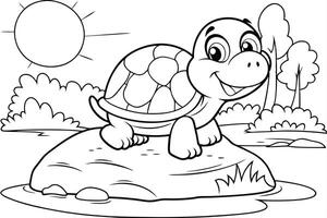 Illustration of A happy turtle on a rock, perfect for marine and aquatic themes, ideal for educational or artistic purposes. vector
