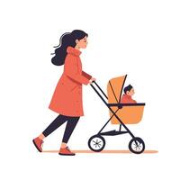 Mother Walking with Baby in a Stroller vector