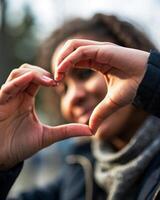 A woman making a heart shape with her hands photo