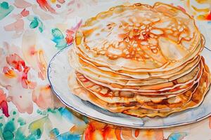 Stack of delicious golden thin pancakes, pile hot russian blini, homemade breakfast with crepes on a decorative plate, smart colorful textiles tablecloth. Traditional culinary cuisine Maslenitsa week photo