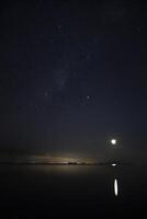 Vertical image of Stardust in the night with noise and grain on the sky with soft light of city in bottom photo