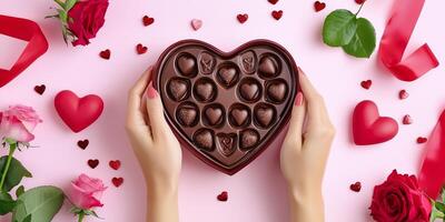 Woman holding heart shaped box of chocolates for valentine's day with roses and ribbon photo