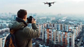 drone photographer capturing urban landscape from rooftop photo