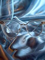 eyeglasses on silky fabric with reflections photo
