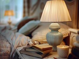 cozy bedroom nightstand with lamp and book photo