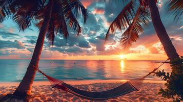tropical beach sunset with a hammock between palm trees photo