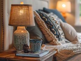 cozy bedside table with a lit lamp, books, and cushions in a warm room photo