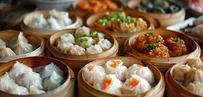 assorted dim sum in bamboo steamers on a table photo