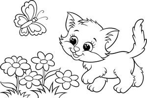 Illustration of A kitten chasing a butterfly, perfect for marine and aquatic themes, ideal for educational or artistic purposes. vector
