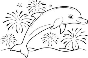 Illustration of A dolphin jumping through fireworks, perfect for marine and aquatic themes, ideal for educational or artistic purposes. vector
