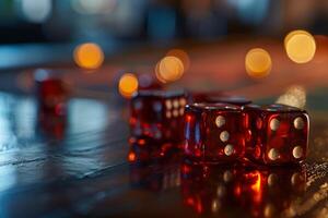 Red dice on a table with blurry lights photo