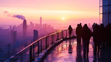 People standing on a balcony overlooking the city at sunset photo