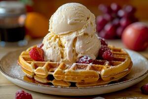 A waffle with ice cream and berries on top photo