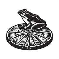 A black and white image of a frog sitting on a slice of fruit vector