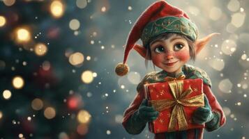 Christmas elf holding a gift in a sparkling background photo