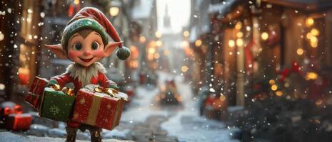 Smiling christmas elf carrying gifts walking in snowy village during snowfall photo