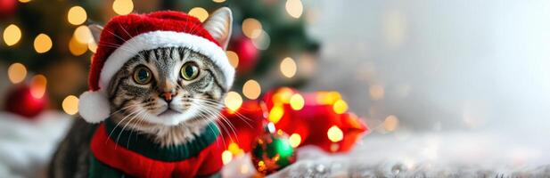 Cute tabby cat wearing christmas outfit posing near decorated christmas tree photo