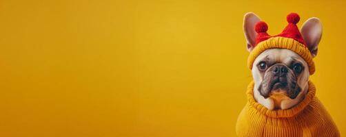 Adorable french bulldog wearing a yellow winter sweater and a red woolen hat posing on a vibrant yellow background photo