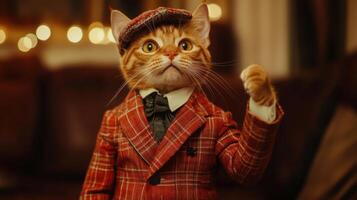 Ginger cat wearing suit and raising paw photo