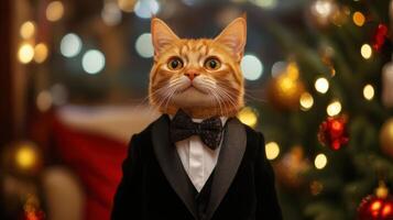 Ginger cat wearing tuxedo and bow tie posing near christmas tree photo