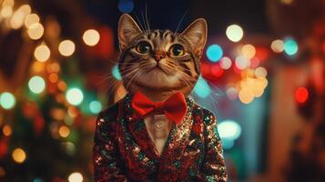 Elegant cat wearing suit and bow tie at christmas party photo
