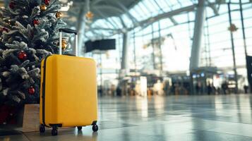 Yellow suitcase standing near christmas tree in airport terminal symbolizing christmas vacation photo