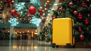 Yellow suitcase standing next to christmas tree in shopping mall photo