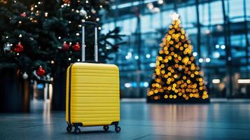 Yellow suitcase stands in airport terminal with christmas trees celebrating holiday season photo